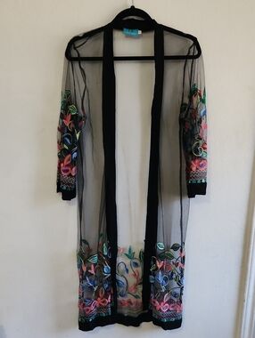 ​South Main Black Floral Embroidered Sheer Mesh Duster Kimono Cover-Up Size L